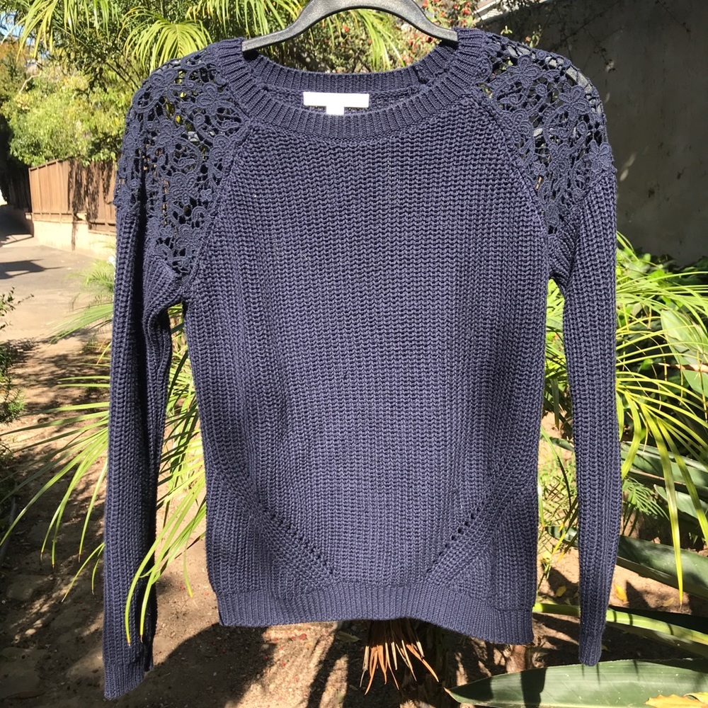 Piperlime Navy Sweater with Crochet Shoulders